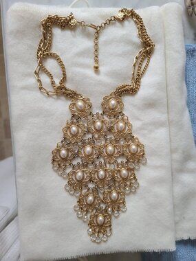 Vintage gold-tone bib necklace Filigree faux pearl cabochons,  Etruscan Boho